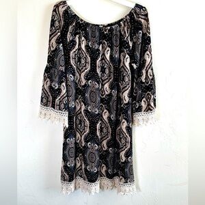 Paisley Renaissance Tunic with Bell Sleeves and Crochet Lace Trim Sz XL
